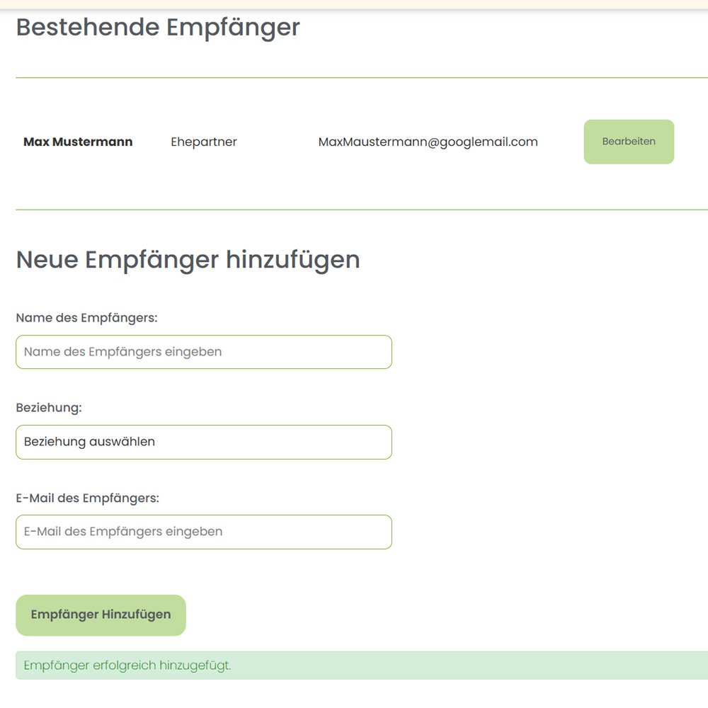 Empfänger hinzufügen Screenshot